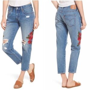 Levi's Blue Cropped Jeans with Red Floral Embroidery